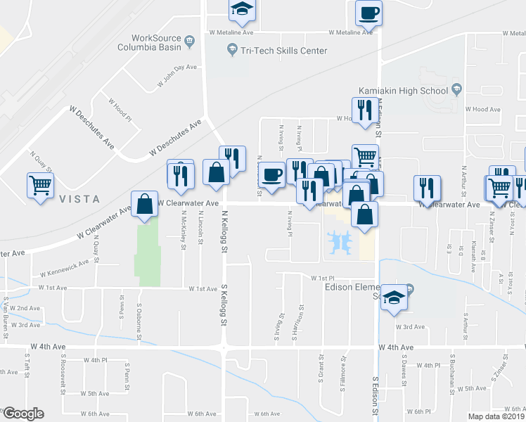 map of restaurants, bars, coffee shops, grocery stores, and more near 5717 West Clearwater Avenue in Kennewick