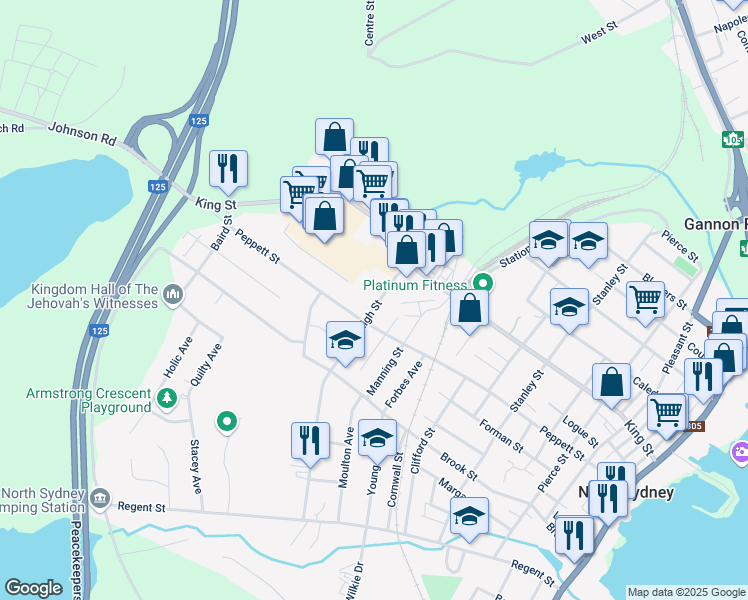 map of restaurants, bars, coffee shops, grocery stores, and more near 74 High Street in Sydney