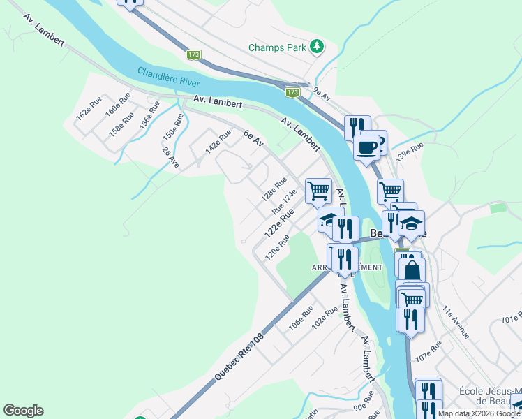 map of restaurants, bars, coffee shops, grocery stores, and more near 205 16e Avenue in Beauceville