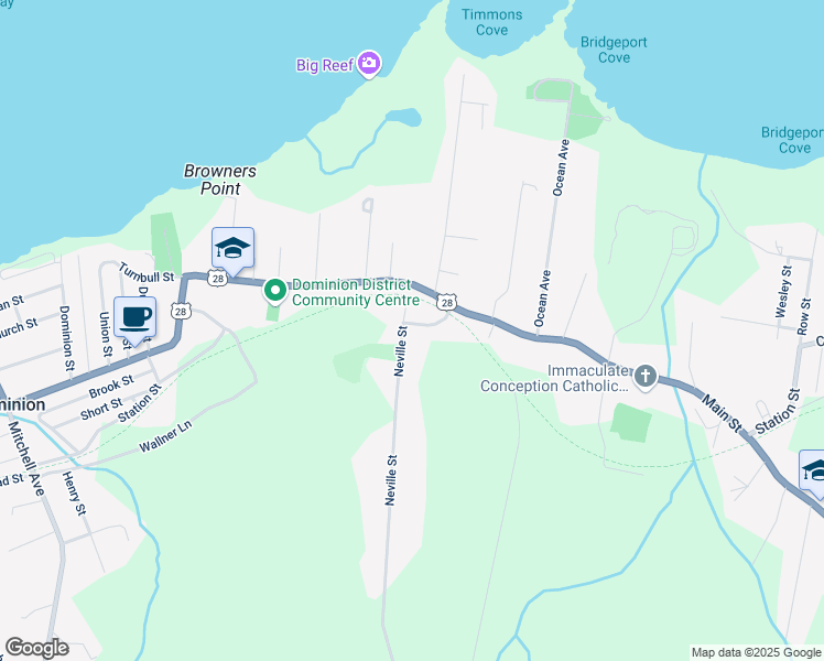 map of restaurants, bars, coffee shops, grocery stores, and more near 55 Neville Street in Dominion