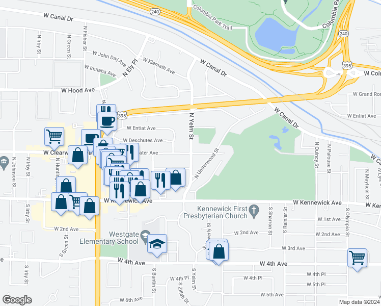 map of restaurants, bars, coffee shops, grocery stores, and more near W Clearwater Ave & N Yelm St in Kennewick