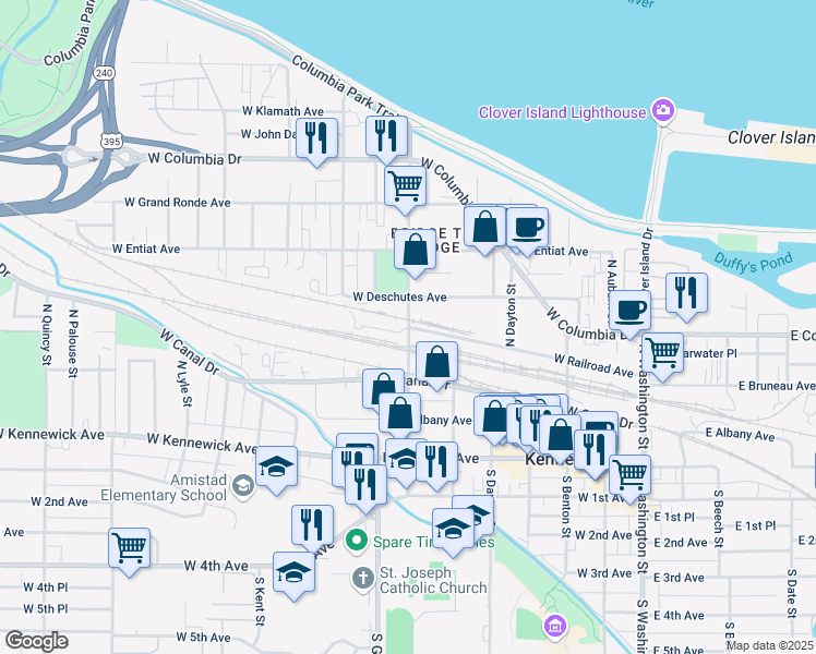 map of restaurants, bars, coffee shops, grocery stores, and more near 601 West Railroad Avenue in Kennewick