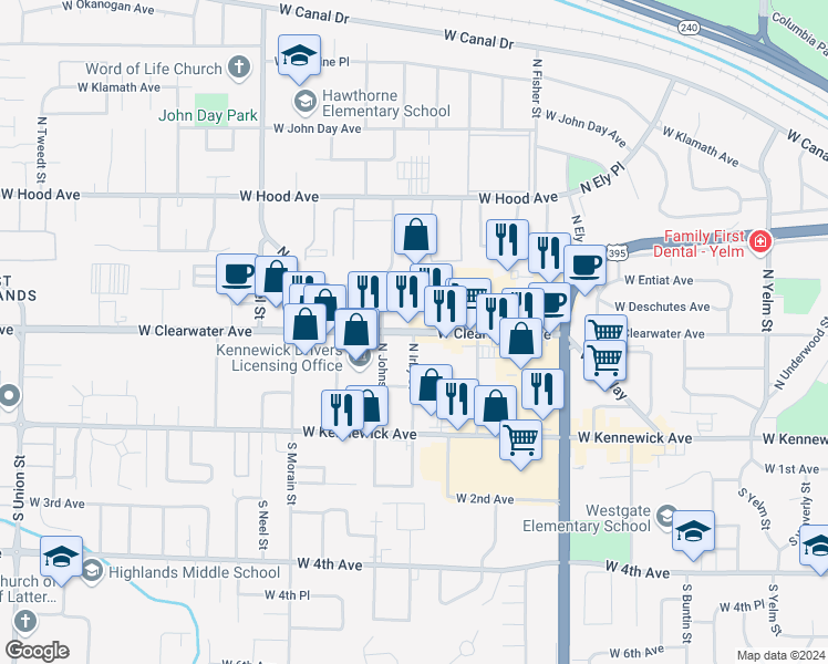 map of restaurants, bars, coffee shops, grocery stores, and more near 298 North Irby Street in Kennewick