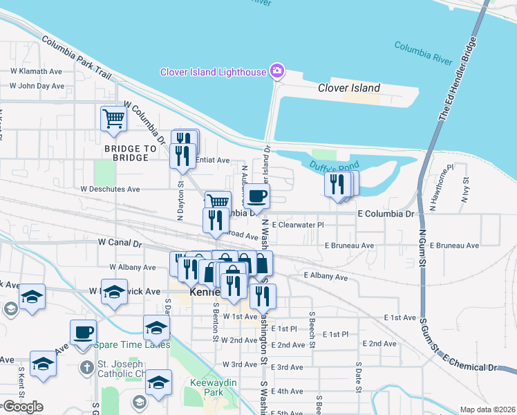 map of restaurants, bars, coffee shops, grocery stores, and more near 15 North Clover Island Drive in Kennewick