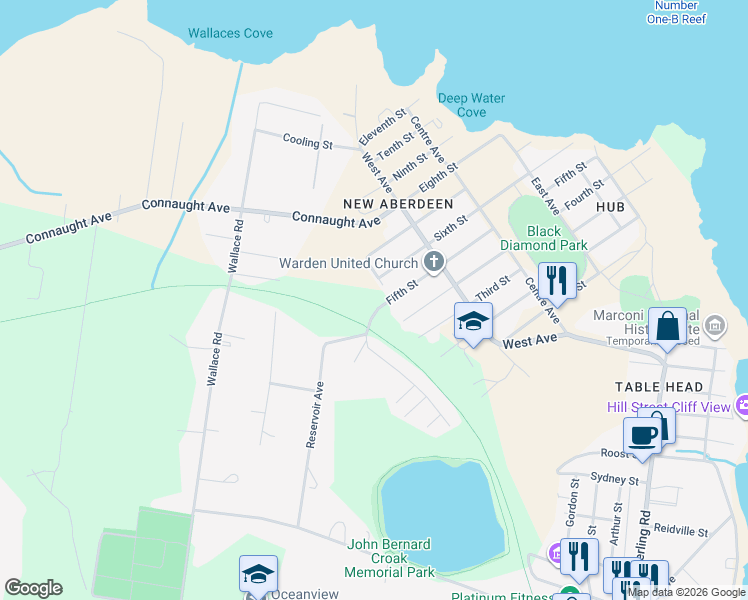 map of restaurants, bars, coffee shops, grocery stores, and more near 21 Fifth Street in Glace Bay