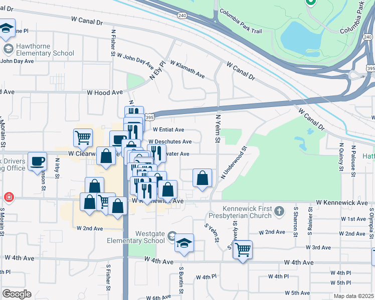 map of restaurants, bars, coffee shops, grocery stores, and more near 2433 West Clearwater Avenue in Kennewick
