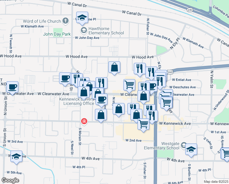 map of restaurants, bars, coffee shops, grocery stores, and more near 3131 West Clearwater Avenue in Kennewick