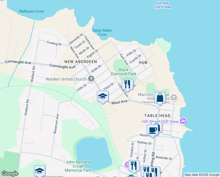 map of restaurants, bars, coffee shops, grocery stores, and more near 40 Third Street in Glace Bay
