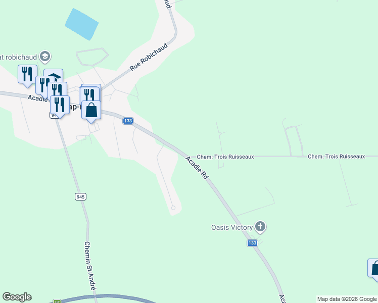 map of restaurants, bars, coffee shops, grocery stores, and more near 2732 Acadie Road in Cap-Pelé