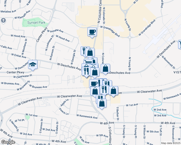 map of restaurants, bars, coffee shops, grocery stores, and more near Metropolitan Plaza in Kennewick