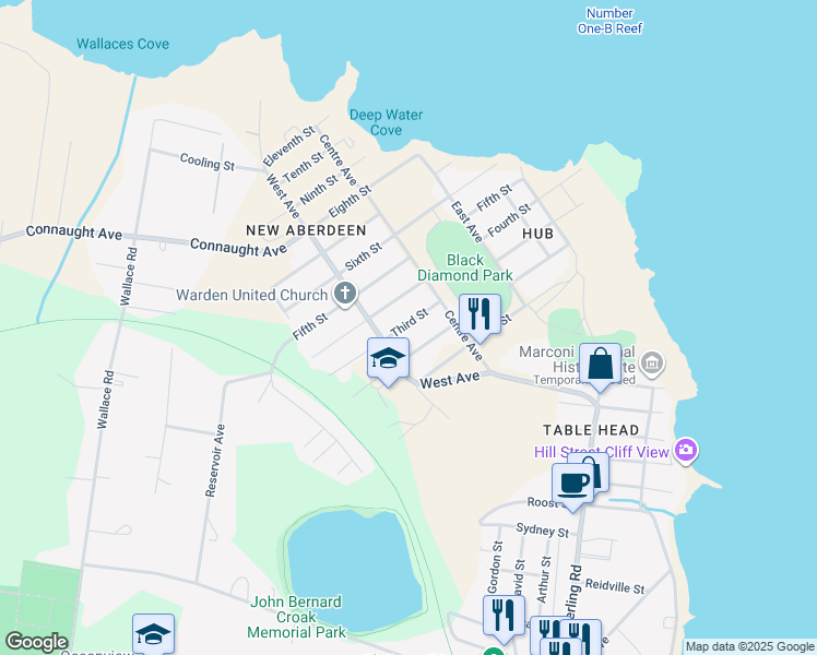 map of restaurants, bars, coffee shops, grocery stores, and more near 38 Third Street in Glace Bay