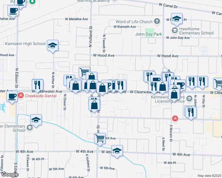 map of restaurants, bars, coffee shops, grocery stores, and more near 4215 W Clearwater in Kennewick