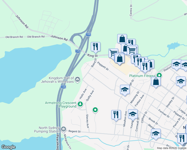 map of restaurants, bars, coffee shops, grocery stores, and more near 182 Brook Street in North Sydney