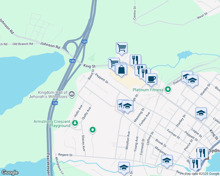 map of restaurants, bars, coffee shops, grocery stores, and more near 176 Peppett Street in North Sydney