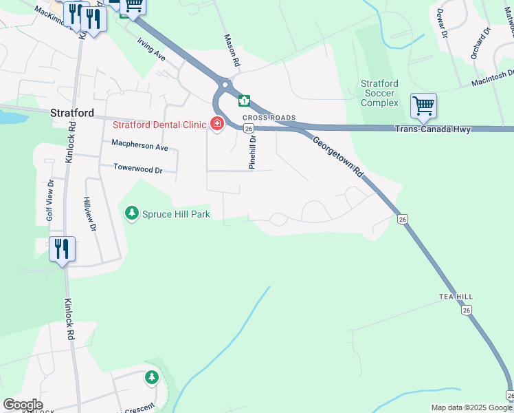 map of restaurants, bars, coffee shops, grocery stores, and more near 78 Strawberry Lane in Stratford