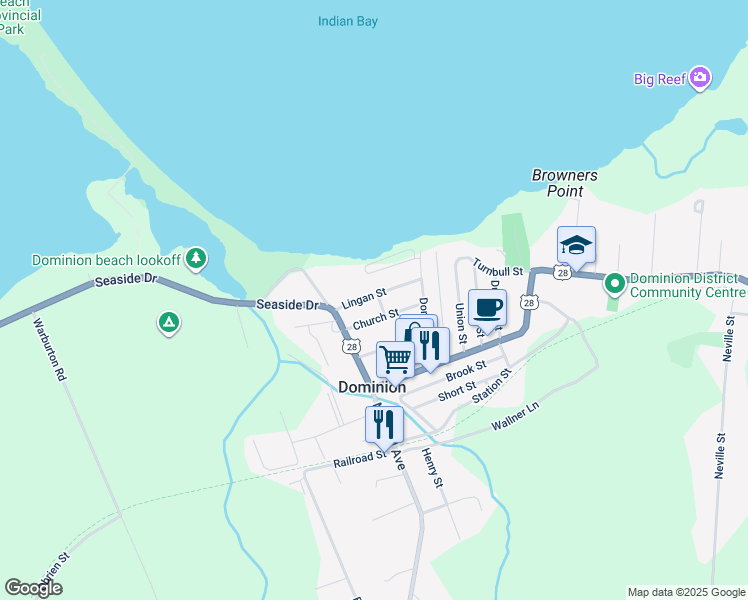 map of restaurants, bars, coffee shops, grocery stores, and more near 43 Lingan Street in Dominion