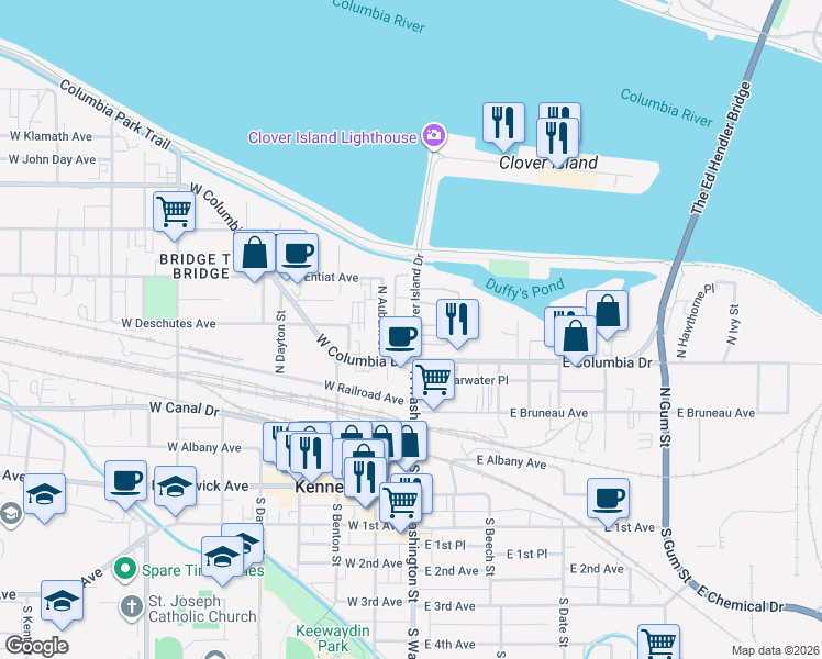 map of restaurants, bars, coffee shops, grocery stores, and more near 15 Clover Island Dr in Kennewick