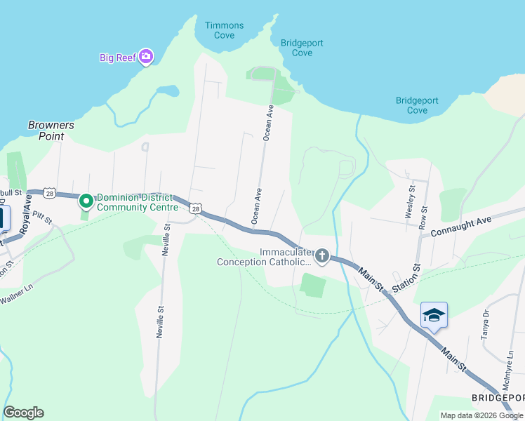 map of restaurants, bars, coffee shops, grocery stores, and more near 39 Ocean Avenue in Dominion