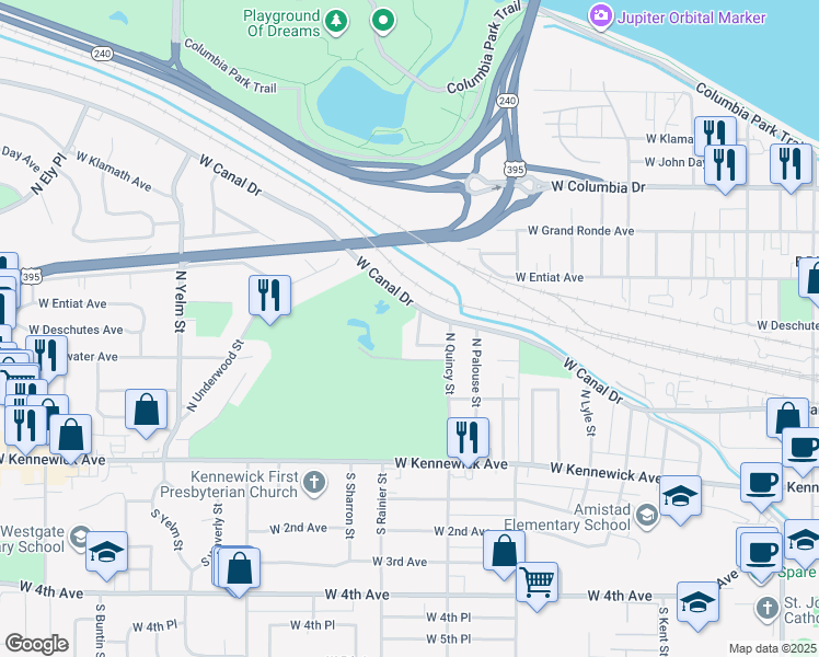 map of restaurants, bars, coffee shops, grocery stores, and more near 1701-1917 West Canal Drive in Kennewick