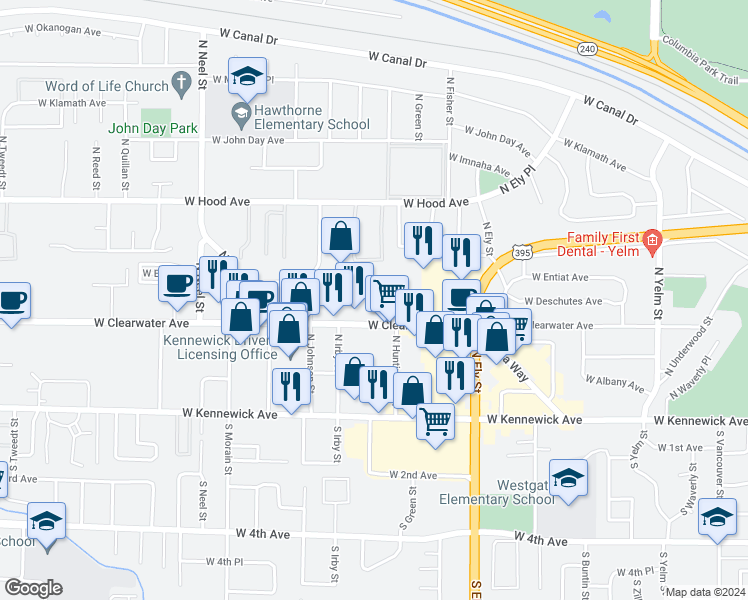 map of restaurants, bars, coffee shops, grocery stores, and more near 3060 W Clearwater Ave in Kennewick