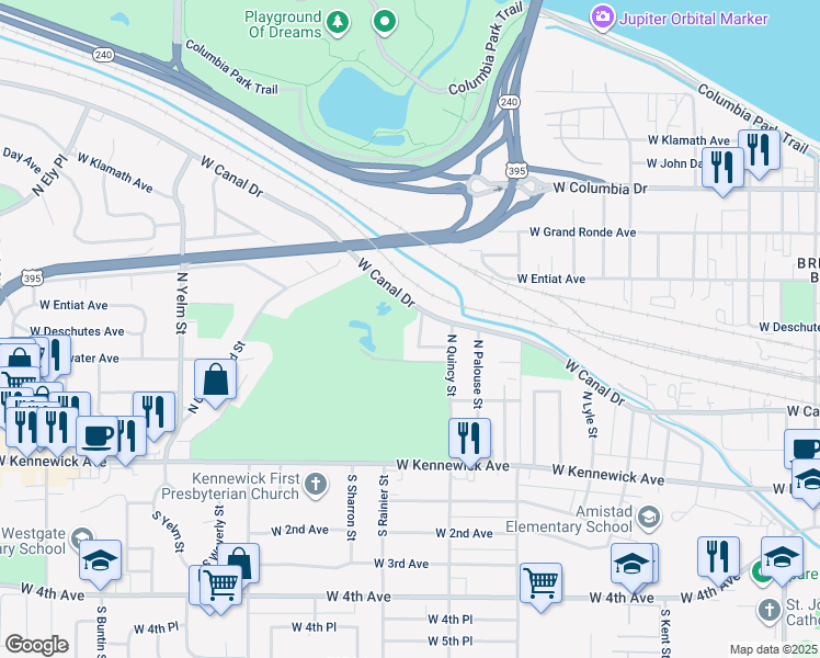 map of restaurants, bars, coffee shops, grocery stores, and more near 1701-1917 West Canal Drive in Kennewick