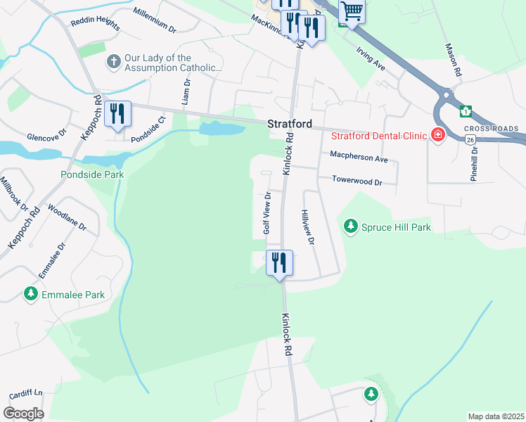 map of restaurants, bars, coffee shops, grocery stores, and more near 43 Golf View Drive in Stratford