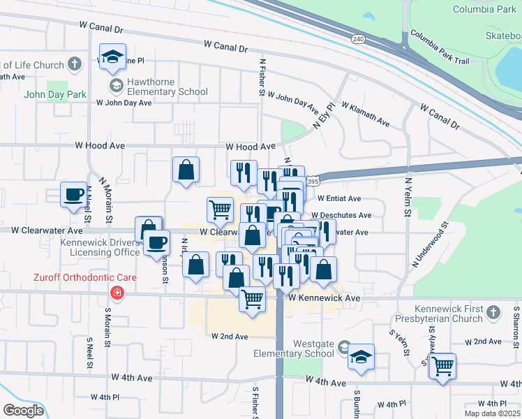 map of restaurants, bars, coffee shops, grocery stores, and more near 2810 West Clearwater Avenue in Kennewick
