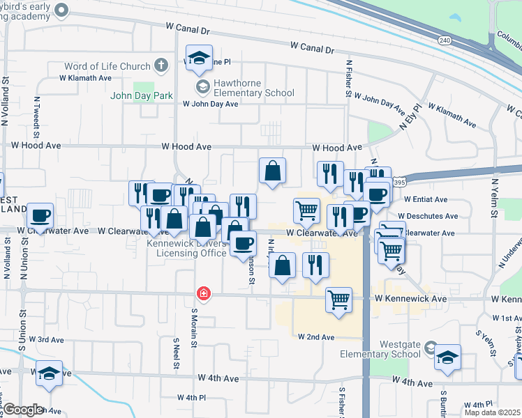 map of restaurants, bars, coffee shops, grocery stores, and more near 401 North Morain Street in Kennewick
