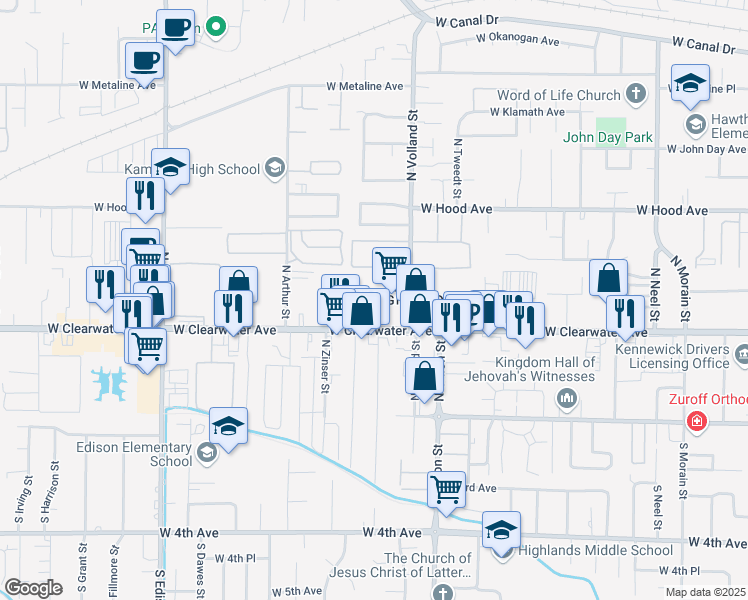 map of restaurants, bars, coffee shops, grocery stores, and more near 4602 W Clearwater Ave in Kennewick