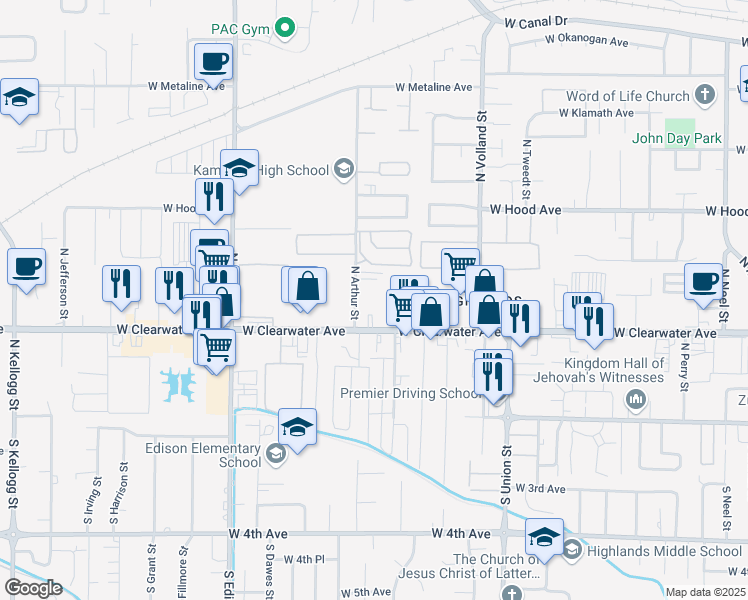 map of restaurants, bars, coffee shops, grocery stores, and more near 400 North Arthur Street in Kennewick