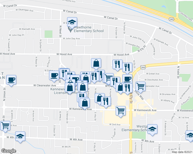 map of restaurants, bars, coffee shops, grocery stores, and more near 3214 West Clearwater Avenue in Kennewick