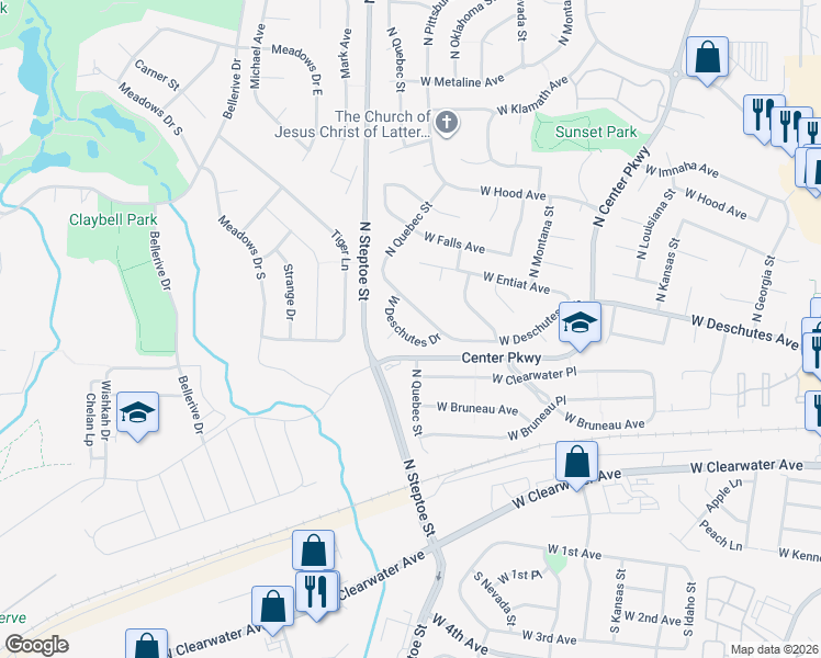 map of restaurants, bars, coffee shops, grocery stores, and more near 8912 West Deschutes Drive in Kennewick