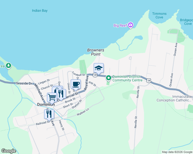 map of restaurants, bars, coffee shops, grocery stores, and more near 96 Nova Scotia 28 in Dominion