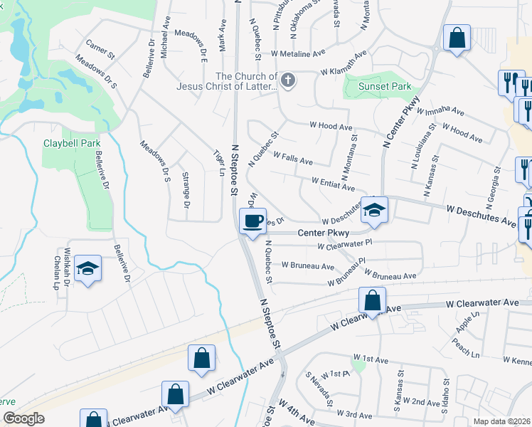map of restaurants, bars, coffee shops, grocery stores, and more near 8912 West Deschutes Drive in Kennewick