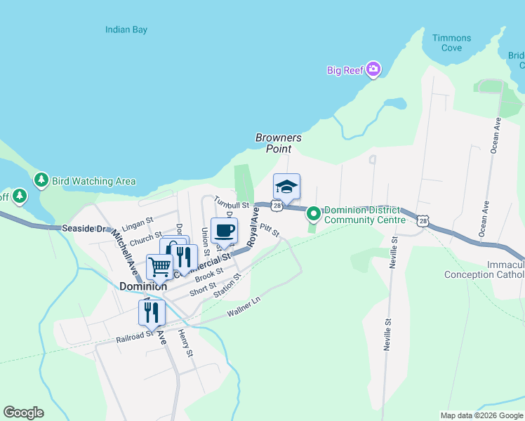 map of restaurants, bars, coffee shops, grocery stores, and more near 74 Nova Scotia 28 in Dominion