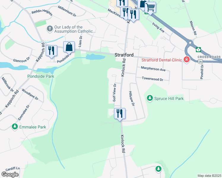 map of restaurants, bars, coffee shops, grocery stores, and more near 43 Golf View Drive in Stratford