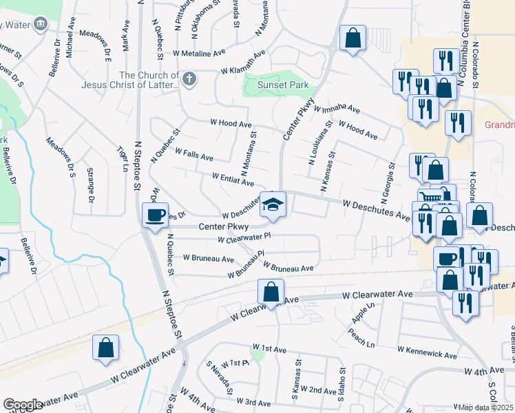 map of restaurants, bars, coffee shops, grocery stores, and more near 319 North Montana Court in Kennewick