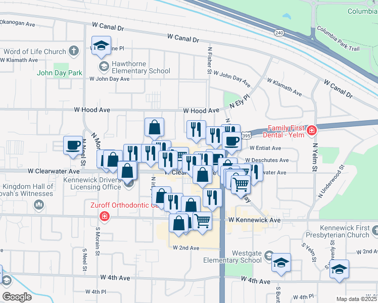 map of restaurants, bars, coffee shops, grocery stores, and more near 2920 West Clearwater Avenue in Kennewick