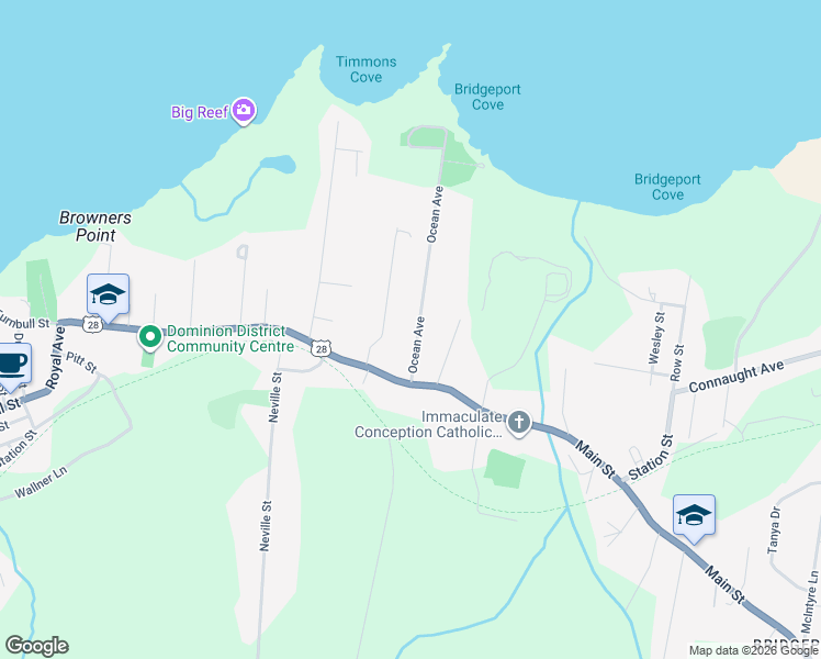 map of restaurants, bars, coffee shops, grocery stores, and more near 39 Ocean Avenue in Dominion