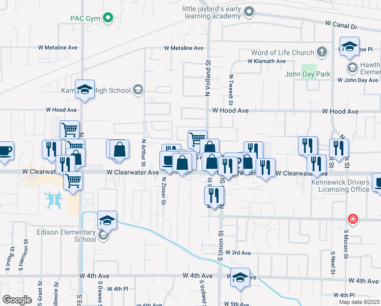 map of restaurants, bars, coffee shops, grocery stores, and more near 4602 West Clearwater Avenue in Kennewick