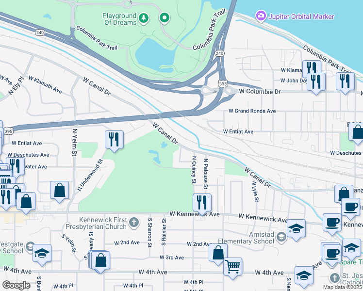 map of restaurants, bars, coffee shops, grocery stores, and more near 1701 West Canal Drive in Kennewick
