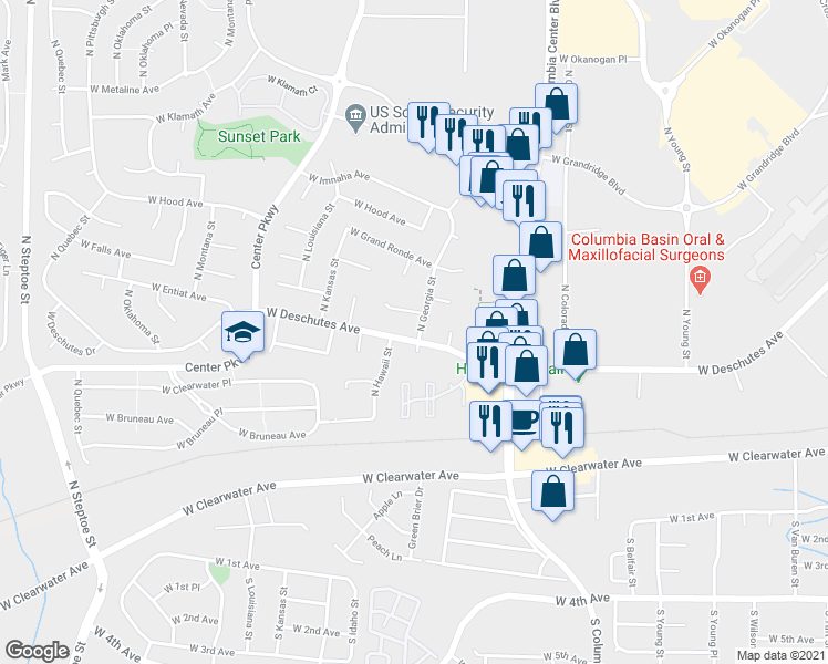 map of restaurants, bars, coffee shops, grocery stores, and more near 401 North Georgia Street in Kennewick