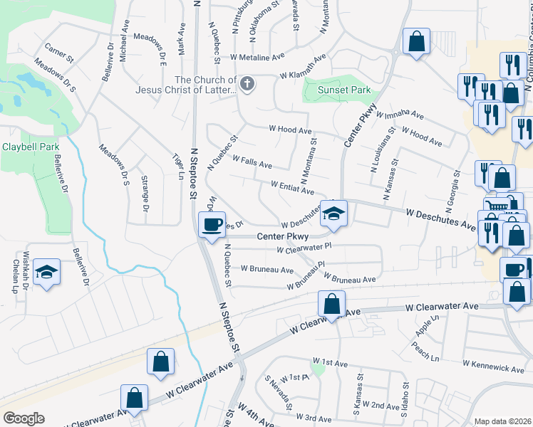 map of restaurants, bars, coffee shops, grocery stores, and more near 312 North Oklahoma Street in Kennewick