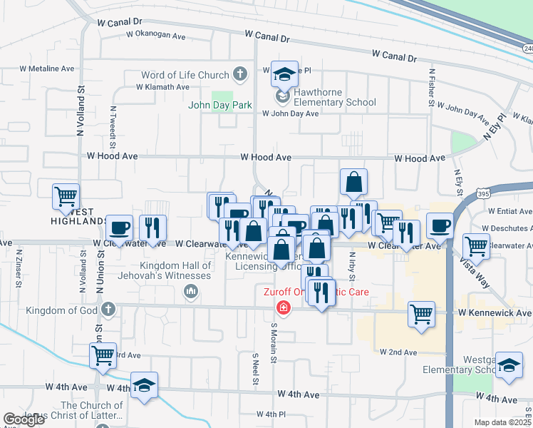 map of restaurants, bars, coffee shops, grocery stores, and more near 401 North Morain Street in Kennewick
