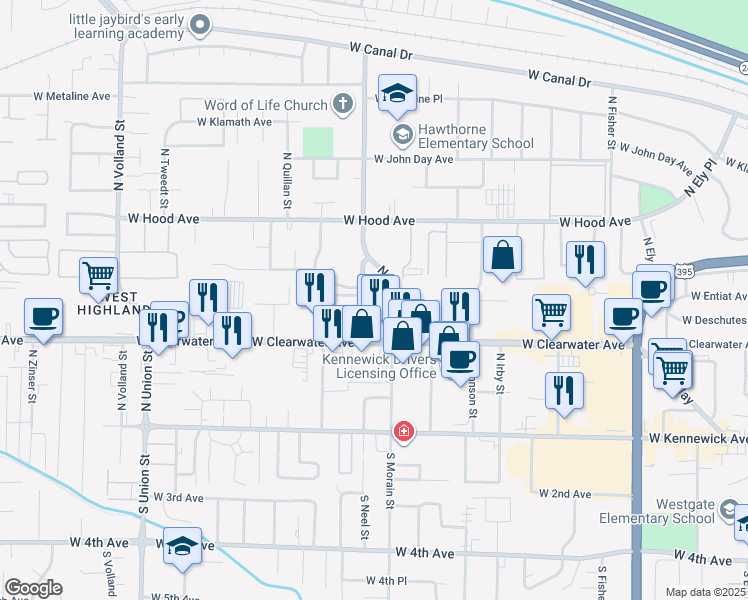 map of restaurants, bars, coffee shops, grocery stores, and more near 402 North Neel Street in Kennewick
