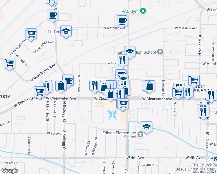 map of restaurants, bars, coffee shops, grocery stores, and more near 322 North Grant Street in Kennewick