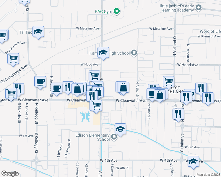 map of restaurants, bars, coffee shops, grocery stores, and more near 5100 West Clearwater Avenue in Kennewick