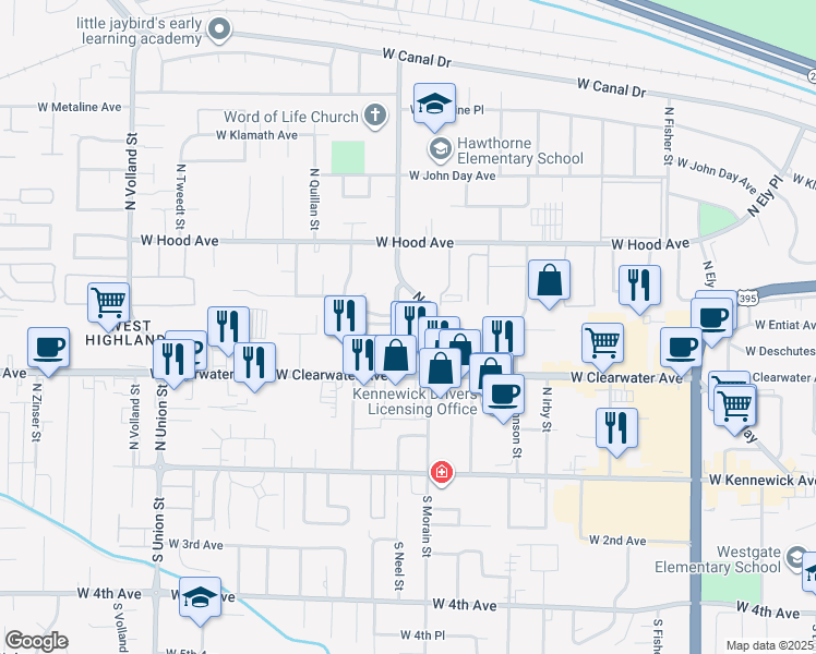 map of restaurants, bars, coffee shops, grocery stores, and more near 402 North Neel Street in Kennewick