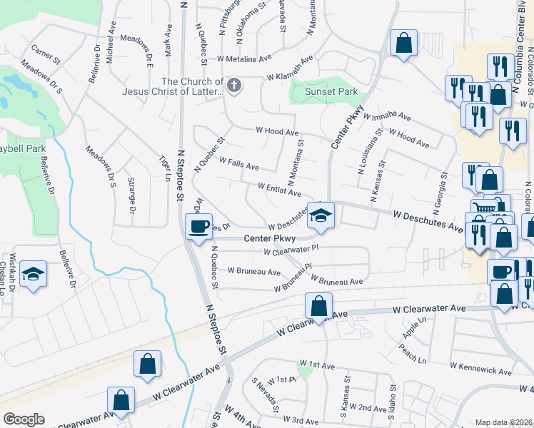 map of restaurants, bars, coffee shops, grocery stores, and more near 312 North Oklahoma Street in Kennewick