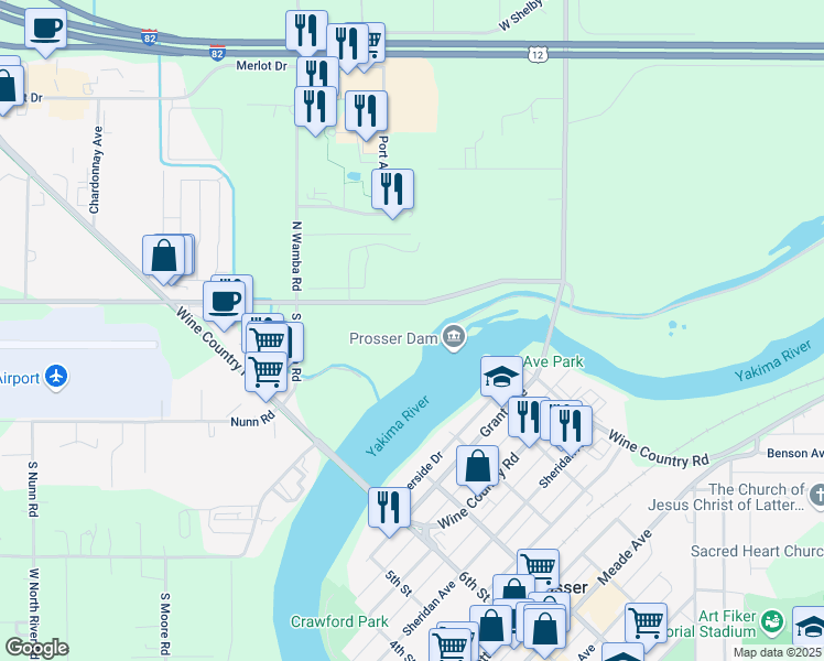 map of restaurants, bars, coffee shops, grocery stores, and more near 680 Old Inland Empire Highway in Prosser